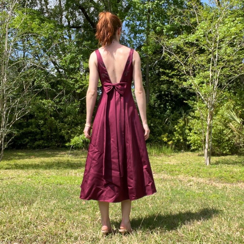 Vintage Satin Beaded & Bow Formal Dress